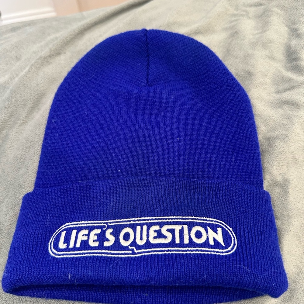 LIFES QUESTION Blue Beanie with White Embroidery